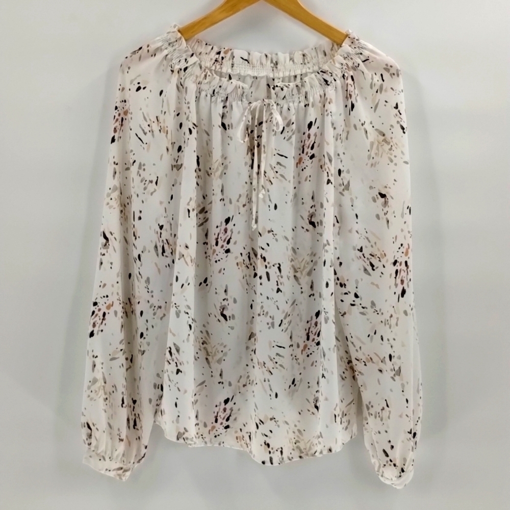 a new day white splash print long sleeve blouse size XXL flowy button cuff